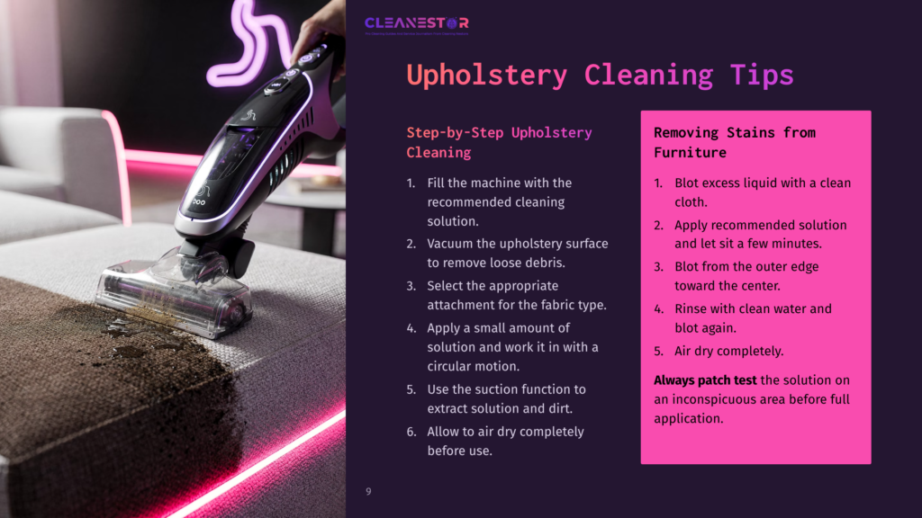 Upholstery Cleaning Tips With A Step-By-Step Guide And Stain Removal Advice. A Cleaning Machine Is Shown On A Couch.
