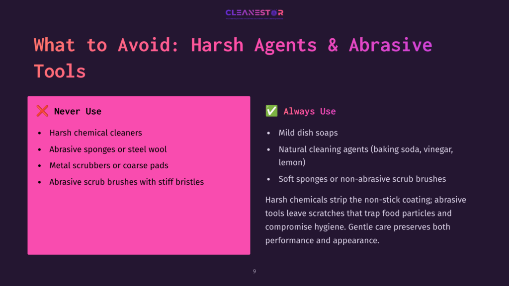 Bright Pink Sidebar With Cleaning Tips On The Left, Contrasting Against A Dark Background. Text Highlights Harsh Agents To Avoid And Preferred Cleaning Methods.