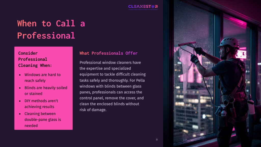 Professional Window Cleaner In A Harness Squeegees A Large, High-Rise Window At Night, With City Lights Reflecting On The Wet Glass.