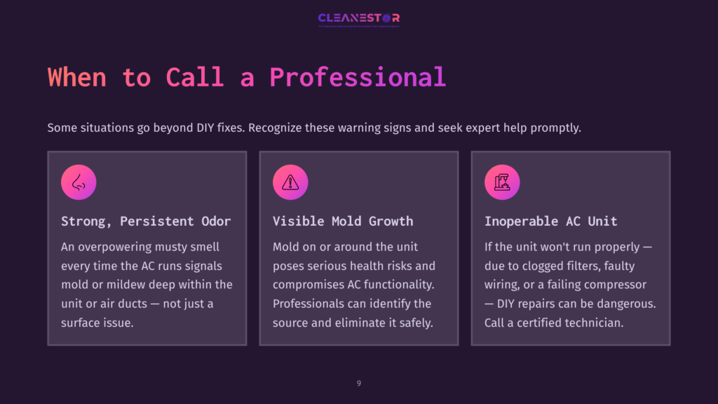 Cleanestor Logo With Text &Quot;When To Call A Professional&Quot; And Three Warning Signs For Ac Issues: Strong Odor, Visible Mold Growth, And Inoperable Ac Unit.