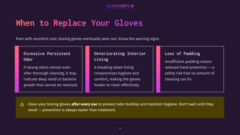 Infographic Titled &Quot;When To Replace Your Boxing Gloves&Quot; Highlighting Three Signs: Excessive Persistent Odor, Deteriorating Interior Lining, And Loss Of Padding, With A Yellow Warning Box Advising Regular Cleaning.