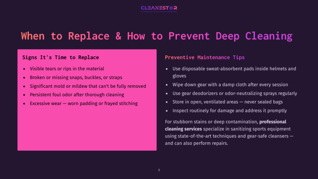 Presentation Slide Titled &Quot;When To Replace &Amp; How To Prevent Deep Cleaning&Quot; With Two Columns: &Quot;Signs It'S Time To Replace&Quot; And &Quot;Preventive Maintenance Tips.