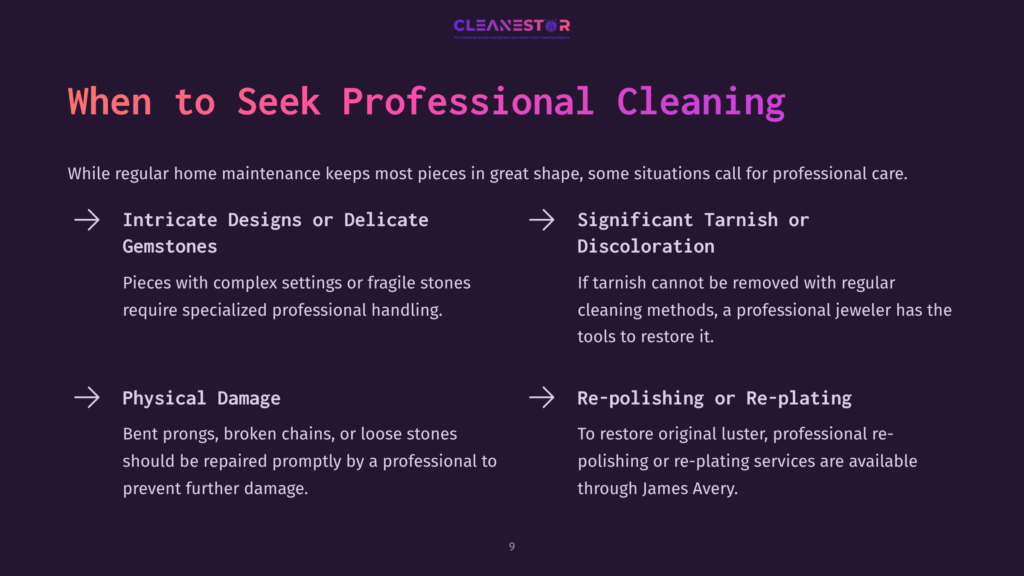 Text On A Purple And White Background Discussing Professional Cleaning For Jewelry, Highlighting Complex Designs, Tarnish, And Repairs.
