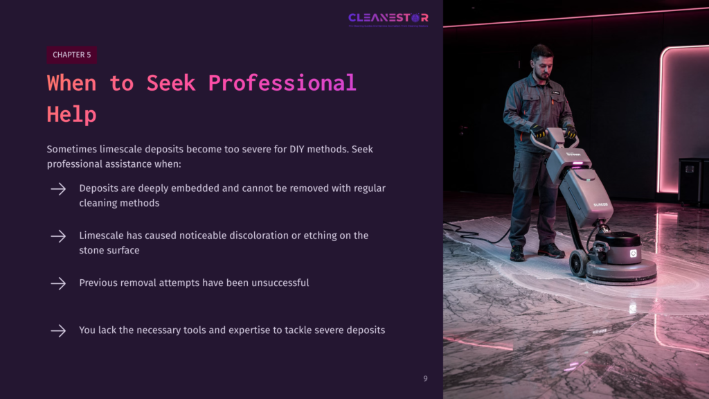9 When To Seek Professional Help 1 A Man In Work Clothes Uses A Professional Floor Cleaning Machine On A Marble Floor, With Pink Neon Lights Reflecting On The Wet Surface. Text Reads &Quot;Cleanestor&Quot; And &Quot;Chapter 5 When To Seek Professional Help&Quot;.