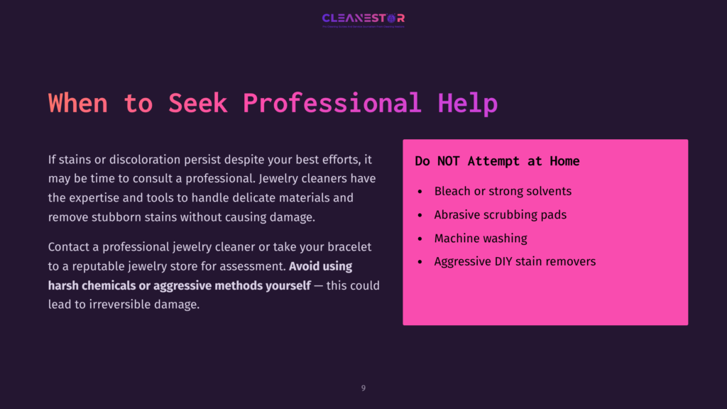Text On A Purple Background Advises Against Diy Cleaning Methods For Jewelry. Key Points Highlighted Include Avoiding Bleach, Solvents, And Aggressive Techniques.