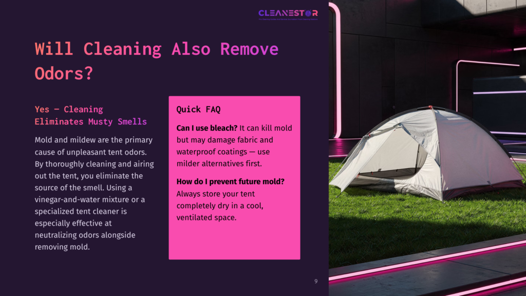 A White And Grey Tent Sits On A Grassy Field, Illuminated By Neon Pink Lights. The Image Features Text About Cleaning And Removing Odors From Tents.