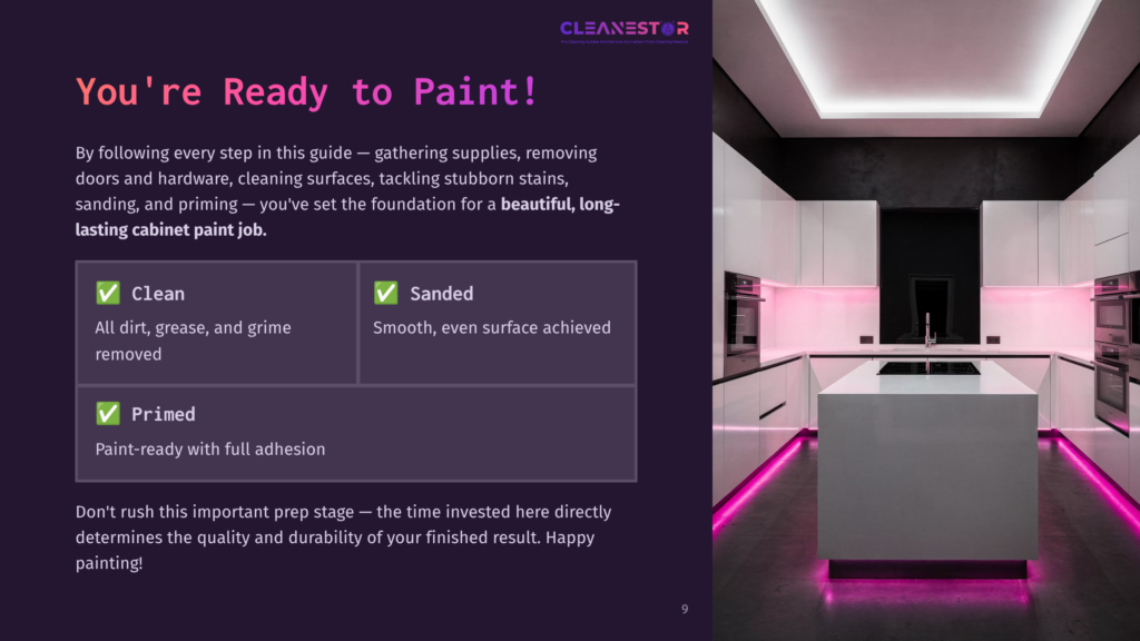 Modern Kitchen With White Cabinets And Pink Lighting, Featuring A Checklist For Cleaning And Prepping Surfaces For Painting.