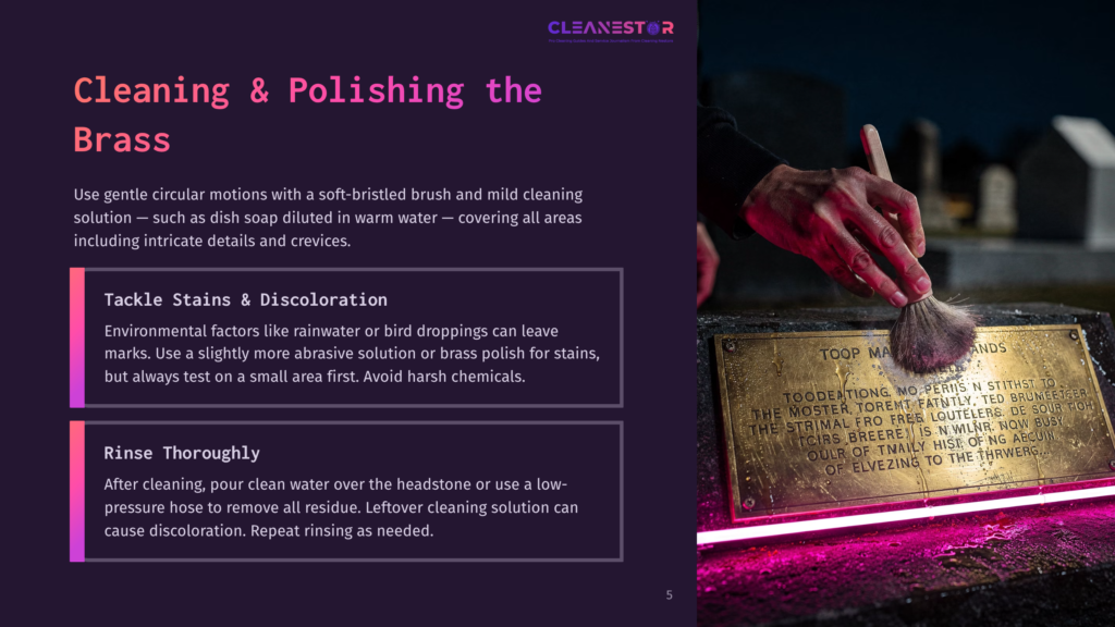 Cleaning A Weathered Brass Plaque On A Gravestone With A Brush.