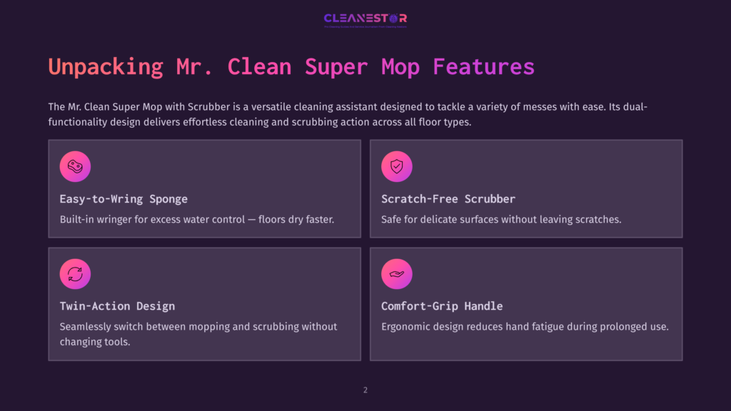 Infographic With Purple Background Highlighting Mr. Clean Super Mop Features: Easy-To-Mop Sponge, Scratch-Free Scrubber, Twin-Action Design, Comfort-Grip Handle.