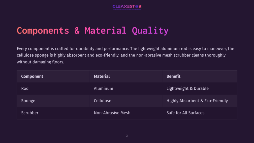 Table Listing Components Of Mr. Clean Super Mop With Materials And Benefits, Featuring A Dark Purple Background And Clear, Organized Text.