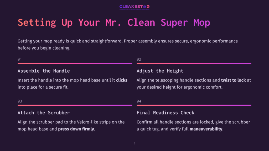 Instructions For Assembling A Mr. Clean Super Mop, Featuring A Diagram With Numbered Steps, Colorful Text, And Clear Visuals On Handle And Scrubber Alignment.