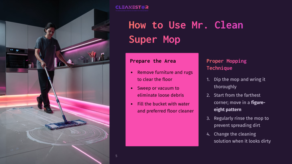 A Person Mops A Modern Kitchen Floor With A Blue Mop Under Ambient Pink Lighting, Surrounded By Sleek Cabinetry And Appliances.