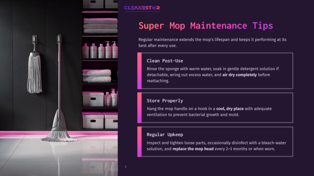A Sleek Mop Stands By A Modern Shelf With Neatly Arranged Cleaning Supplies, Featuring Vibrant Purple Accents And Soft Lighting.