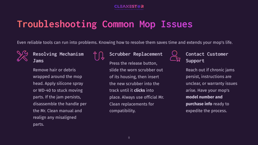 Text In Pink And Purple On A White Background Discusses Troubleshooting Mop Issues, With Sections On Resolving Mechanism And Scrubber Replacement.