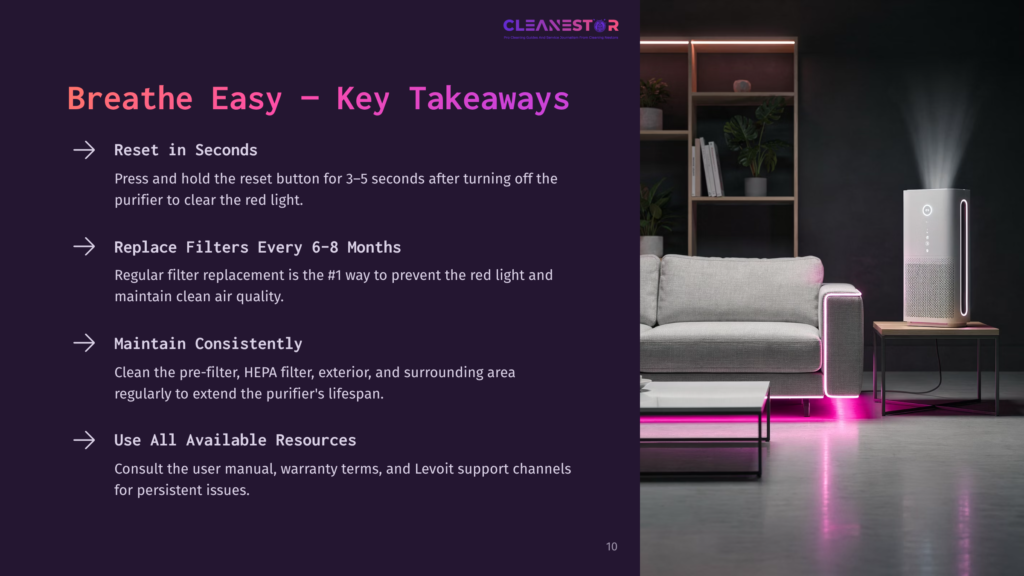 Levoit Air Purifier Next To A Modern Couch; Purple And White Text Lists Key Tips For Maintenance And Resetting The Device.