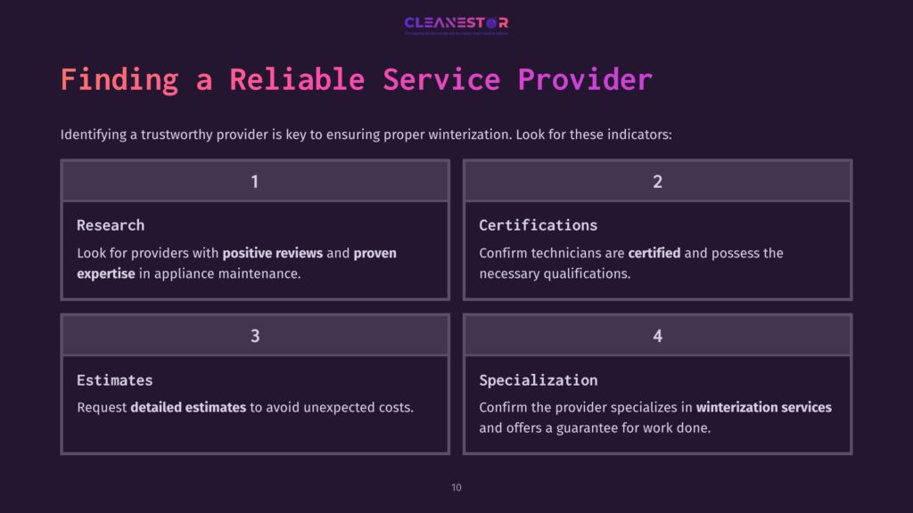Four Steps For Selecting A Service Provider, With Numbered Points On Research, Certifications, Estimates, And Specialization Over A Dark Background.
