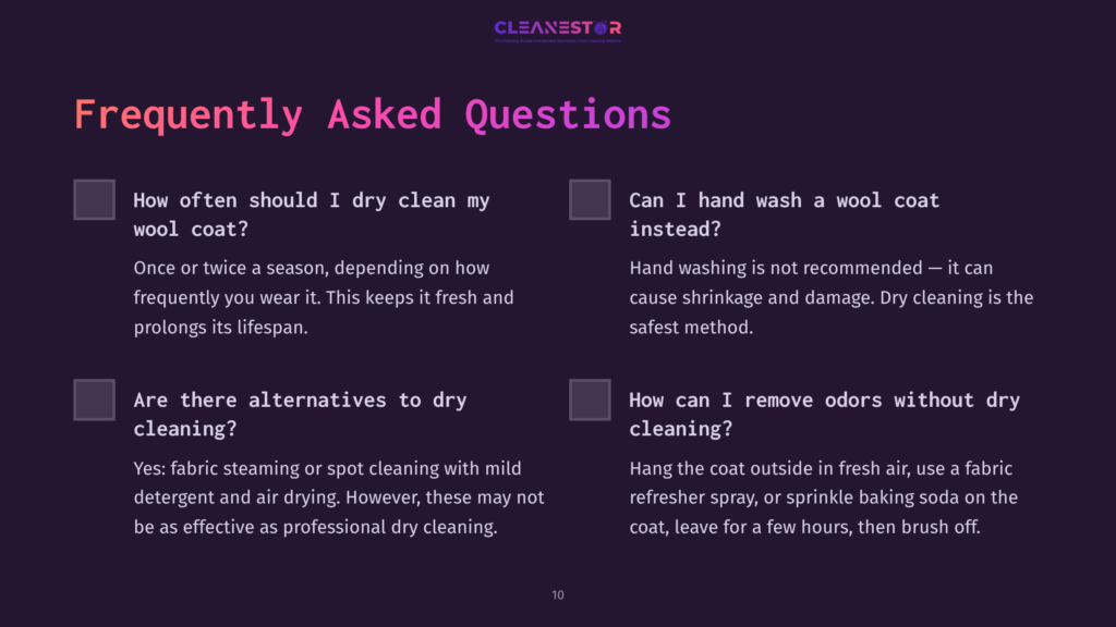 Text On A Dark Background With A Checklist Format, Featuring Faqs About Dry Cleaning Wool Coats, Highlighted By Purple Accents.