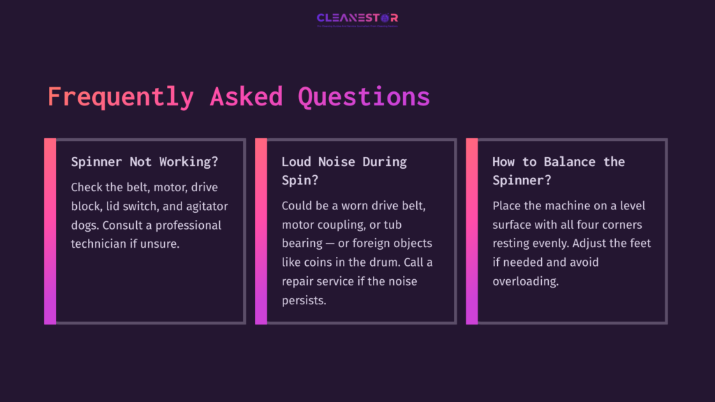 Four Rectangular Panels On A Dark Background, Featuring Text In White And Pink, Outlining Common Washing Machine Issues And Solutions.