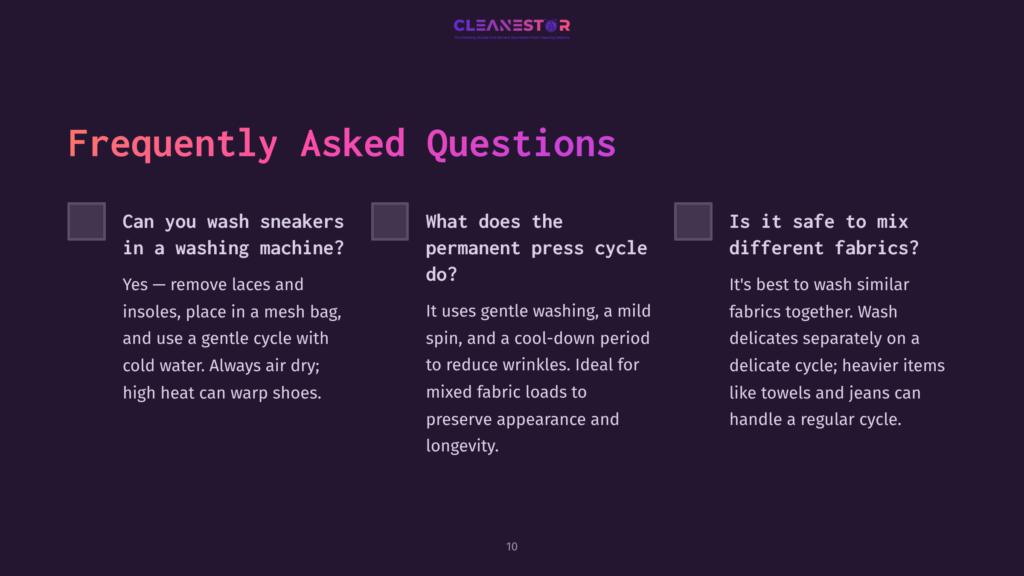 Two Columns Of Text On A Dark Purple Background With White And Gray Font. The Left Lists Faqs About Washing Shoes And Fabric Cycles.