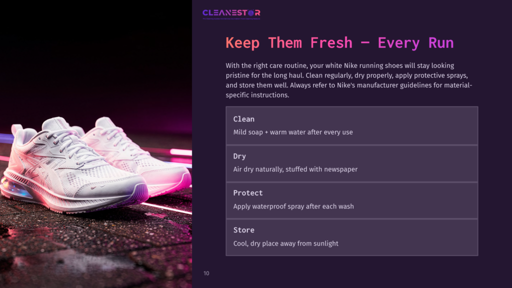 White Nike Running Shoes Positioned On A Dark Surface With Neon Pink Lighting. Text Detailing Care Instructions Is On The Right.