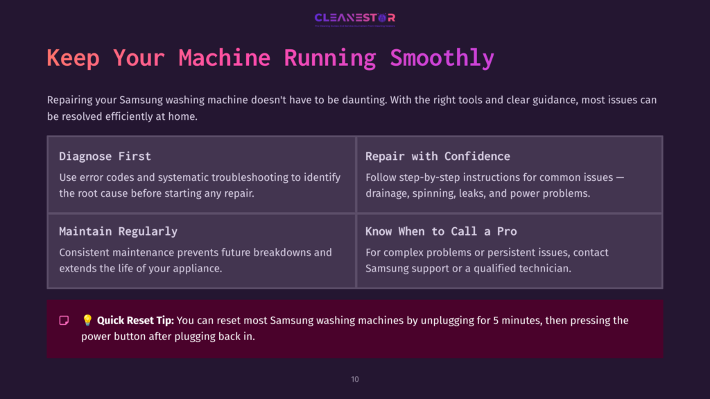 Graphic With A Purple And Black Background Featuring Text On Washing Machine Repair Tips, Including Advice On Maintenance And Troubleshooting.