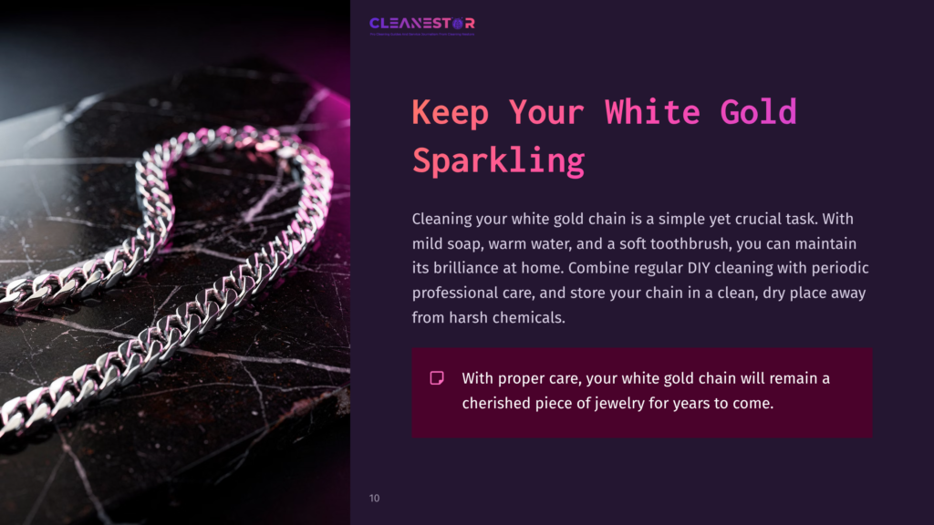A Silver White Gold Chain Lies On A Dark Surface, Accompanied By Text About Cleaning Techniques And Care Tips.