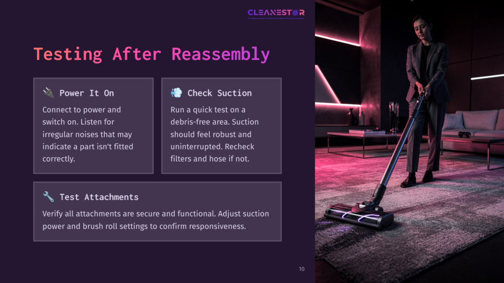 10 Testing After Reassembly A Person Stands Next To A Vacuum On A Carpet, Demonstrating Its Use. Text Boxes Provide Instructions On Testing Vacuum Features.