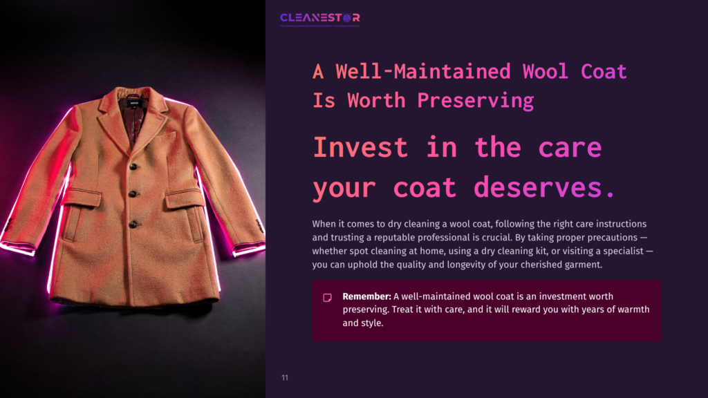 Light Pink Wool Coat Hung On A Dark Background, Featuring A Modern Layout With Bold Text Emphasizing Care And Investment.