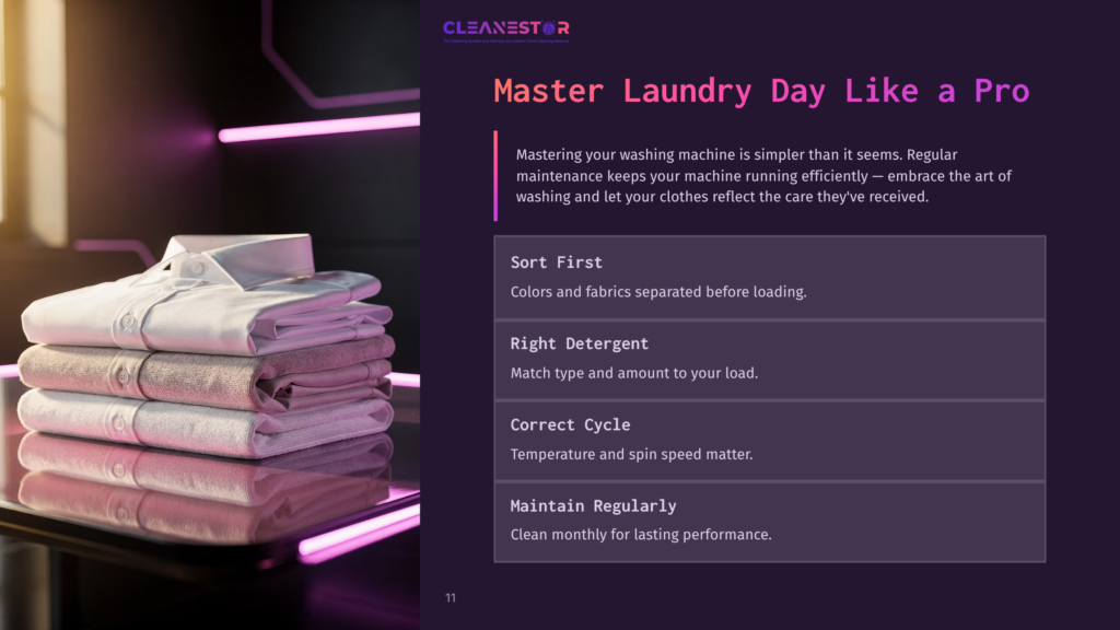 A Neatly Folded Stack Of Pastel-Colored Towels Beside A List Of Laundry Tips, Highlighted With Purple And Pink Lighting In The Background.
