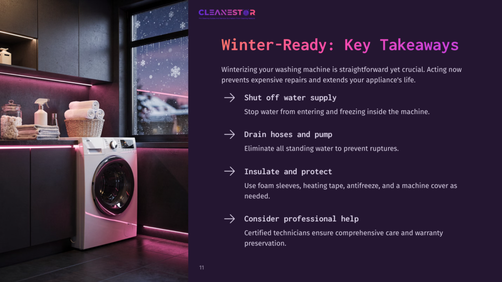A Modern Laundry Room Features A Washing Machine, Illuminated By Pink Led Lights, Against A Window Showing Snow Outside. Key Winterization Tips Are Listed On The Wall.