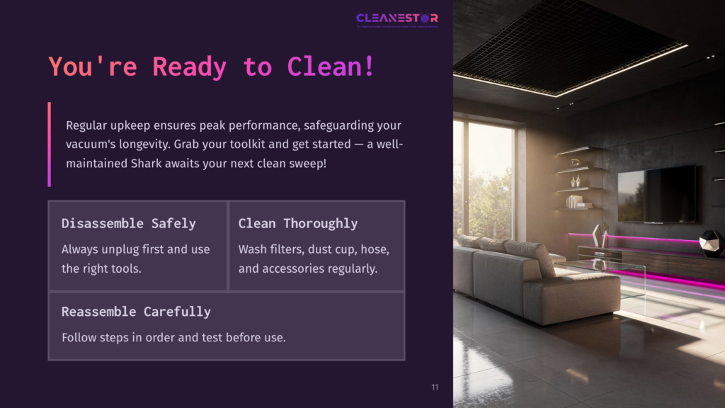 11 Youre Ready To Clean A Modern Living Room With Large Windows, Featuring A Sleek Couch And A Stylish Decor. Text Highlights Vacuum Maintenance Tips With Bold Colors.