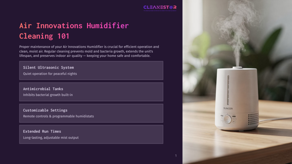 1 Air Innovations Humidifier Cleaning 101 A Modern White Ultrasonic Humidifier With A Transparent Water Tank Sits On A Wooden Table, Emitting A Gentle Mist. The Humidifier Features A Minimalist Design With A Single Button And A Dial For Controls, And The Cleanestor Logo Is Visible.