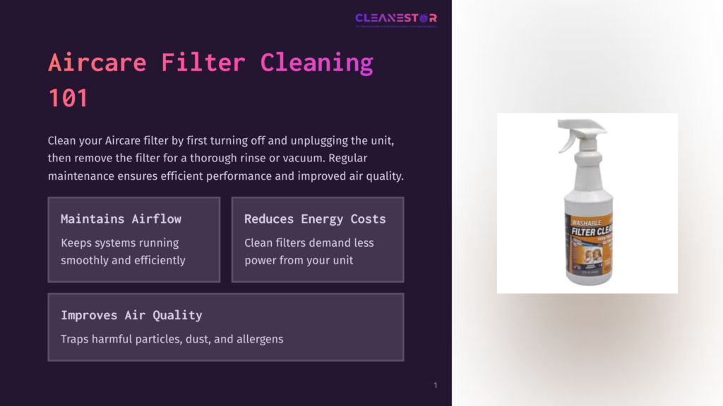A Spray Bottle Of &Quot;Washable Filter Cleaner&Quot; By Cleanestor Is Shown Against A Dark Background, With The Label Clearly Visible.