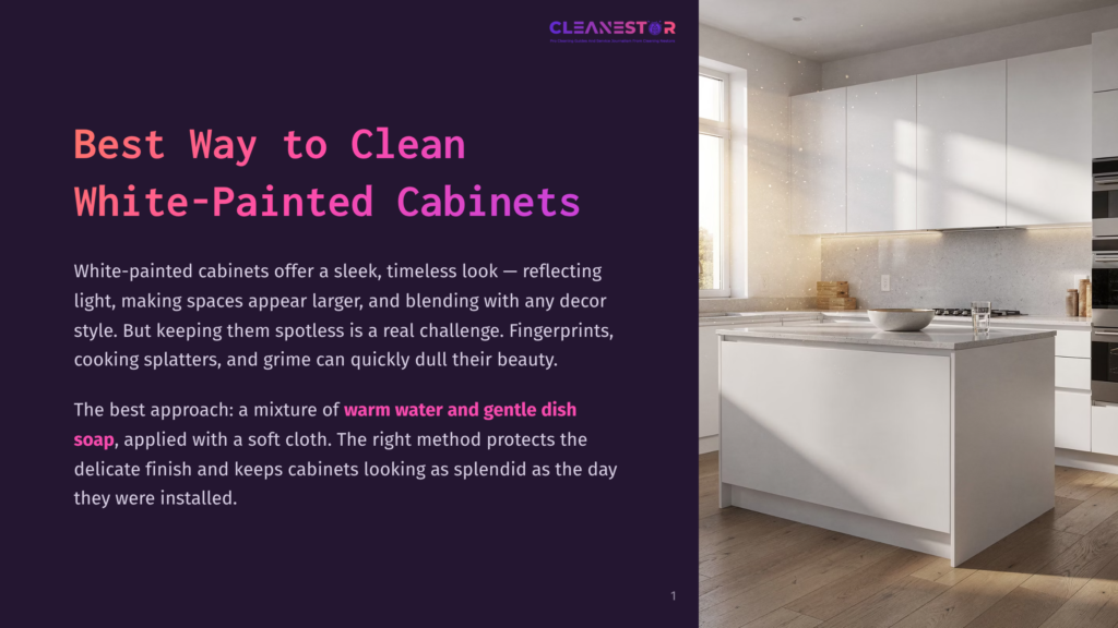 A Modern White Kitchen With Sleek Cabinets, A Large Island, And Bright Natural Light, Featuring The Text &Quot;Cleanestor&Quot; And &Quot;Best Way To Clean White-Painted Cabinets&Quot;.