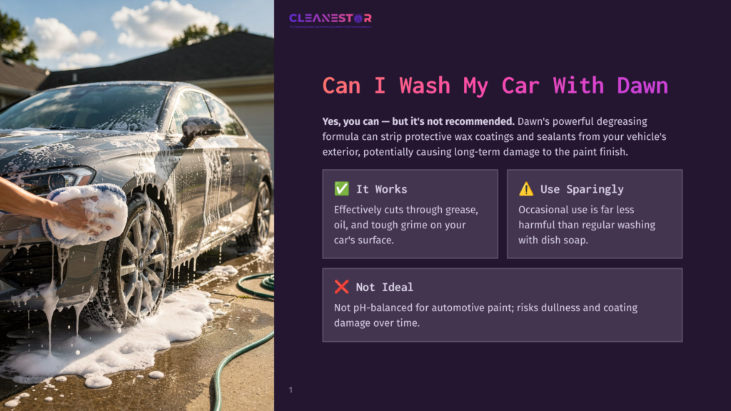 1 Can I Wash My Car With Dawn A Person'S Hand With A Blue Sponge Washes A Dark Gray Car Covered In White Soap Suds, With A Driveway And House In The Background. Text Overlay Reads: &Quot;Cleanestor Can I Wash My Car With Dawn?