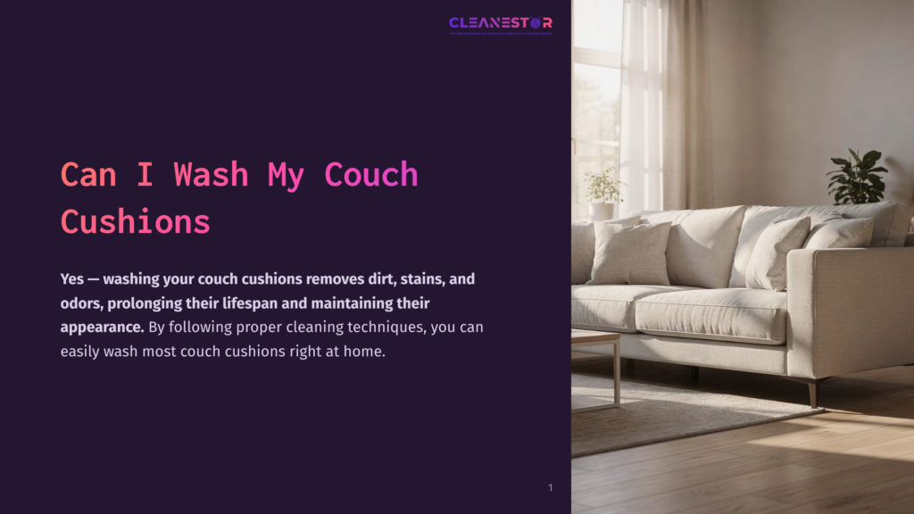 Cleanestor Logo Over A Light-Filled Living Room With A Modern Beige Couch And Coffee Table. Text Reads &Quot;Can I Wash My Couch Cushions?&Quot;.
