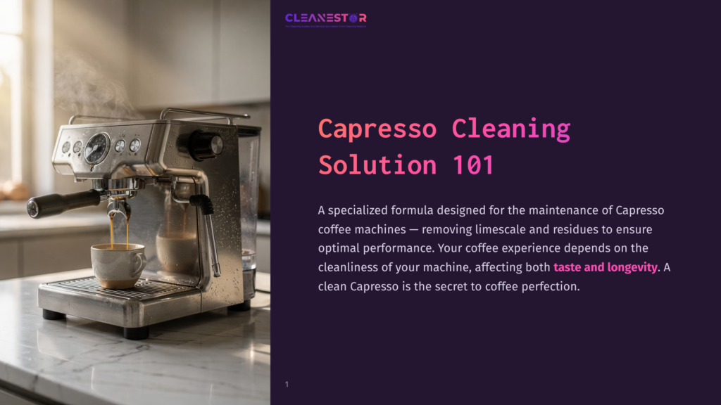 1 Capresso Cleaning Solution 101 Close-Up Of A Gleaming Chrome Capresso Espresso Machine Brewing A Rich, Dark Coffee Into A White Ceramic Mug, Steam Rising. The Text &Quot;Capresso Cleaning Solution 101&Quot; Is Visible.