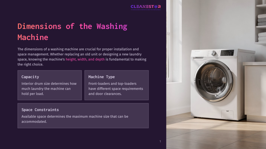 A Modern, White Front-Load Washing Machine Stands In A Clean, Brightly Lit Laundry Room, Showcasing Its Dimensions And Capacity For An Article About Washing Machine Size.