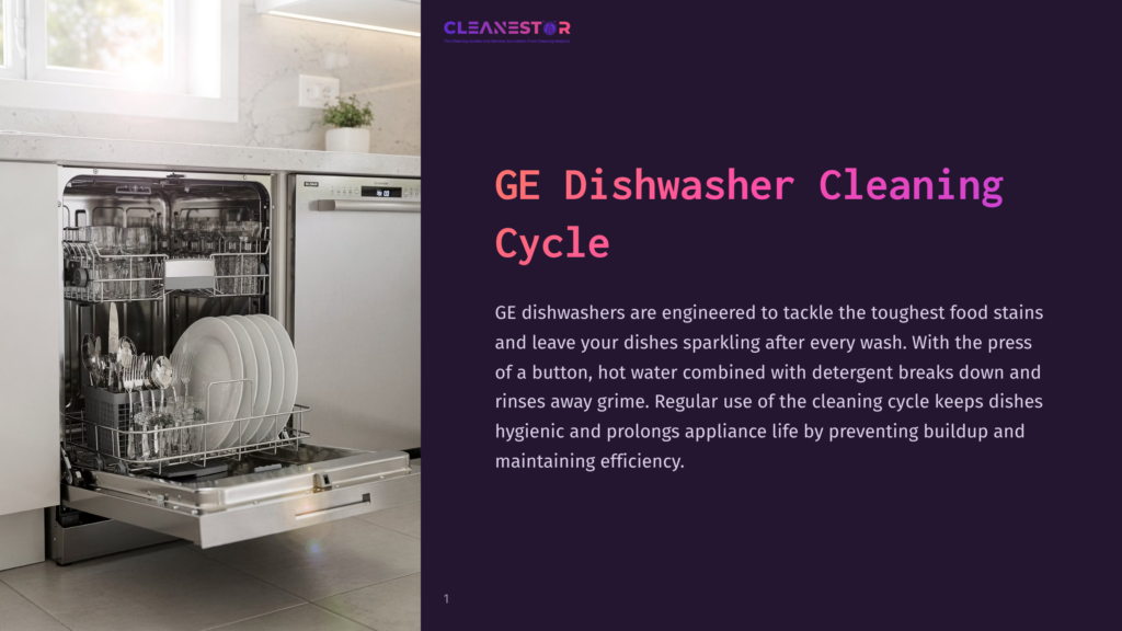 1 Ge Dishwasher Cleaning Cycle An Open Ge Dishwasher Reveals A Rack Filled With Clean Dishes And Silverware, Ready For A Ge Dishwasher Cleaning Cycle. The Interior Is Brightly Lit, Showcasing The Appliance'S Organized Storage.