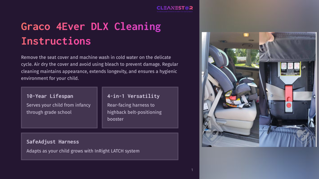 1 Graco 4Ever Dlx Cleaning Instructions Graco 4Ever Dlx Car Seat Instructions: Remove Seat Cover, Machine Wash In Cold Water, Delicate Cycle. Air Dry To Prevent Damage. 4-In-1 Versatility: Rear-Facing To Highback Belt-Positioning Booster. 10-Year Lifespan: Serves Child From Infancy Through Grade School. Safeadjust Harness Adapts As Child Grows With Inright Latch System.