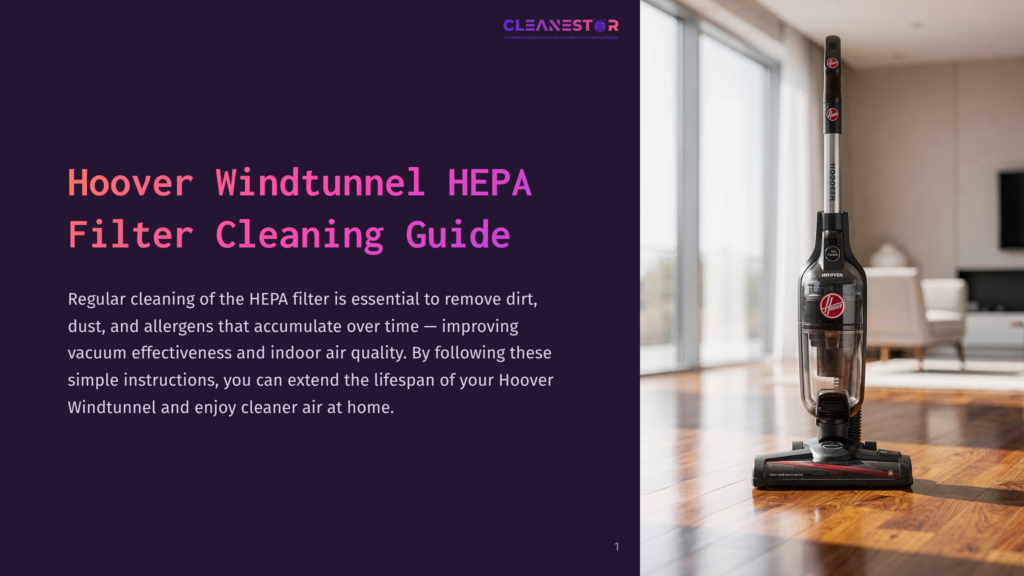 Hoover Windtunnel Hepa Filter Cleaning Guide Title Page With A Cordless Hoover Vacuum Cleaner Standing Upright On A Wooden Floor In A Bright, Modern Living Room.