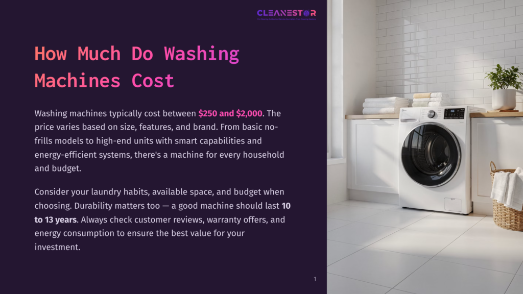 A Modern, White Front-Loading Washing Machine Sits In A Bright, Clean Laundry Room With White Tiled Walls. Stacked White Towels And A Potted Plant Add A Touch Of Warmth To The Scene.