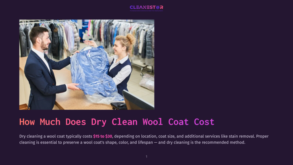 A Friendly Dry Cleaner Hands A Neatly Packaged Blue Wool Coat To A Smiling Customer In A Well-Organized Store With Racks Of Clothing In The Background. The Cleanestor Logo Is Visible.