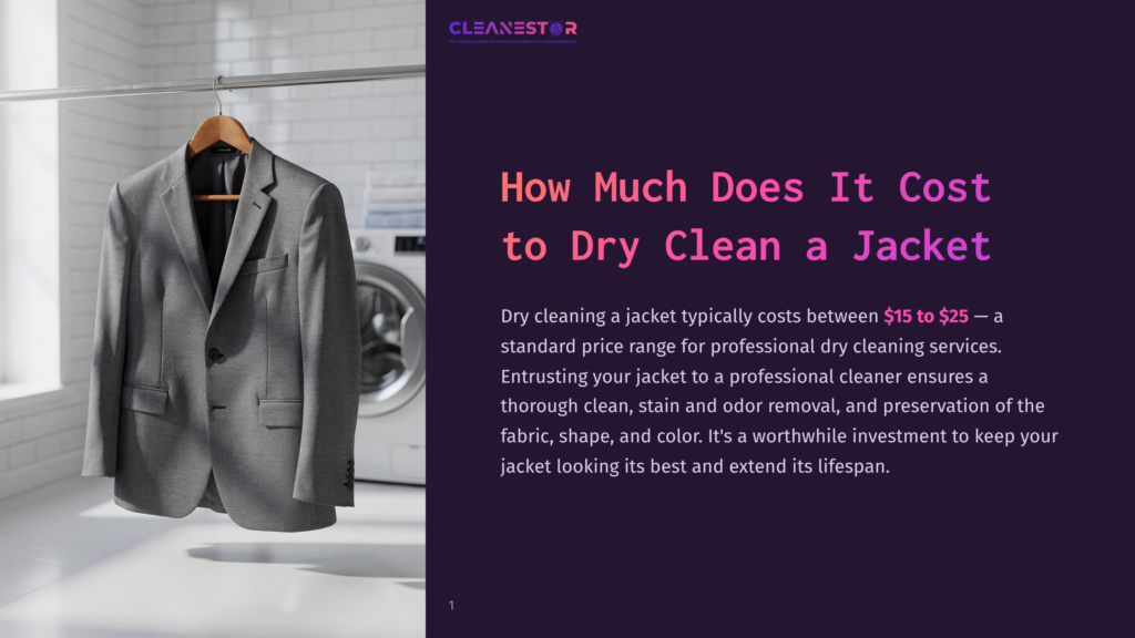 A Gray Suit Jacket Hangs On A Wooden Hanger On A Clothes Rack In A Bright Laundry Room, With A Washing Machine In The Background. Text Overlay Reads &Quot;How Much Does It Cost To Dry Clean A Jacket&Quot;.