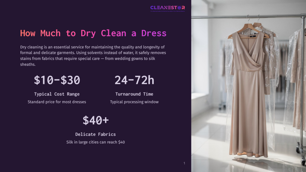 A Beige Silk Dress Hangs On A Hanger In A Dry Cleaning Garment Bag, With Other Dresses In Bags On A Rack In The Background. Text On The Left Side Of The Image Discusses Dry Cleaning Costs And Turnaround Times For Dresses.