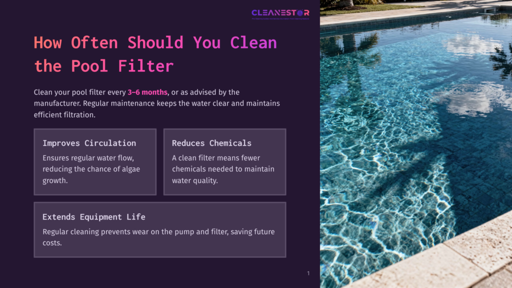 1 How Often Should You Clean The Pool Filter A Sparkling Blue Swimming Pool With Sunlight Reflecting Off The Water'S Surface. The Poolside Is Lined With Light-Colored Stone Coping, And Lush Green Foliage Is Visible In The Background. The Image Is Overlaid With Text About Pool Filter Maintenance, Including &Quot;How Often Should You Clean The Pool Filter?