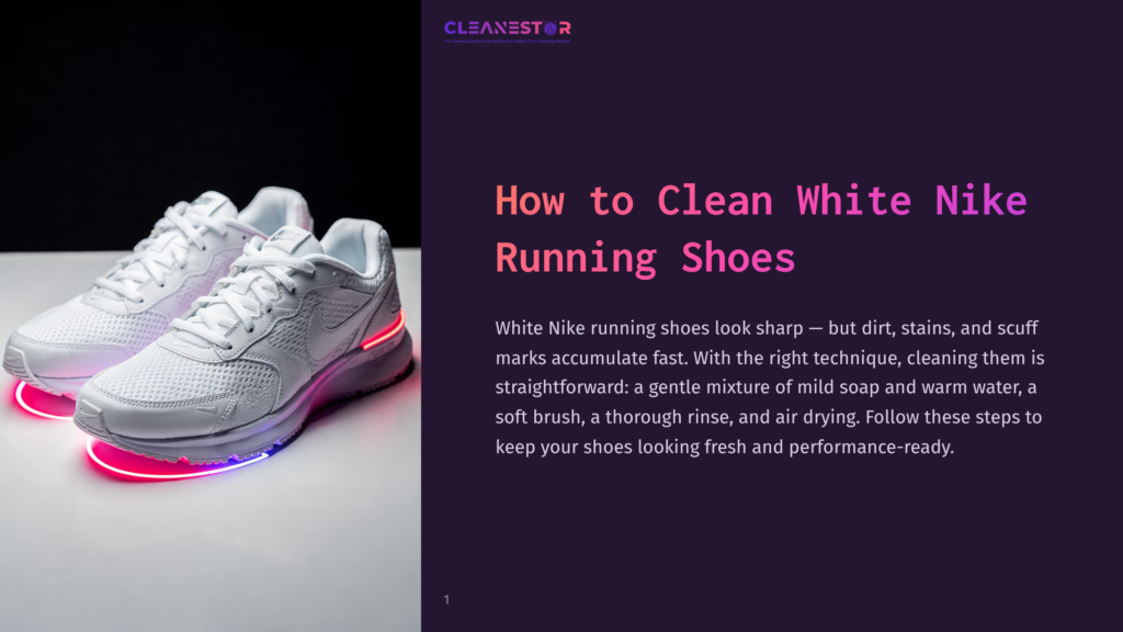 White Nike Running Shoes With A Glowing Sole, Positioned On A Dark Background, Showcasing A Clean And Stylish Appearance.