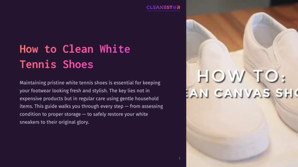 Close-Up Of Clean White Tennis Shoes On A Soft Surface, Showcasing Their Smooth Texture And Pristine Appearance. Background Features Purple Text.