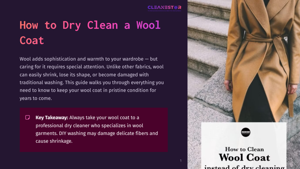 A Person Wearing A Tan Wool Coat Stands On Stone Steps, With Text Highlighting Tips For Dry Cleaning Wool. Background Is Soft Purple.