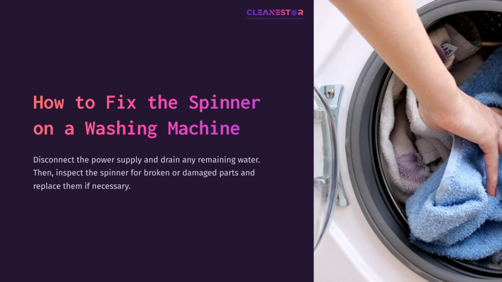 A Close-Up Of A Hand Reaching Into A Washing Machine'S Drum, Which Is Filled With A Gray Towel. The Background Is Dark Purple With Text.